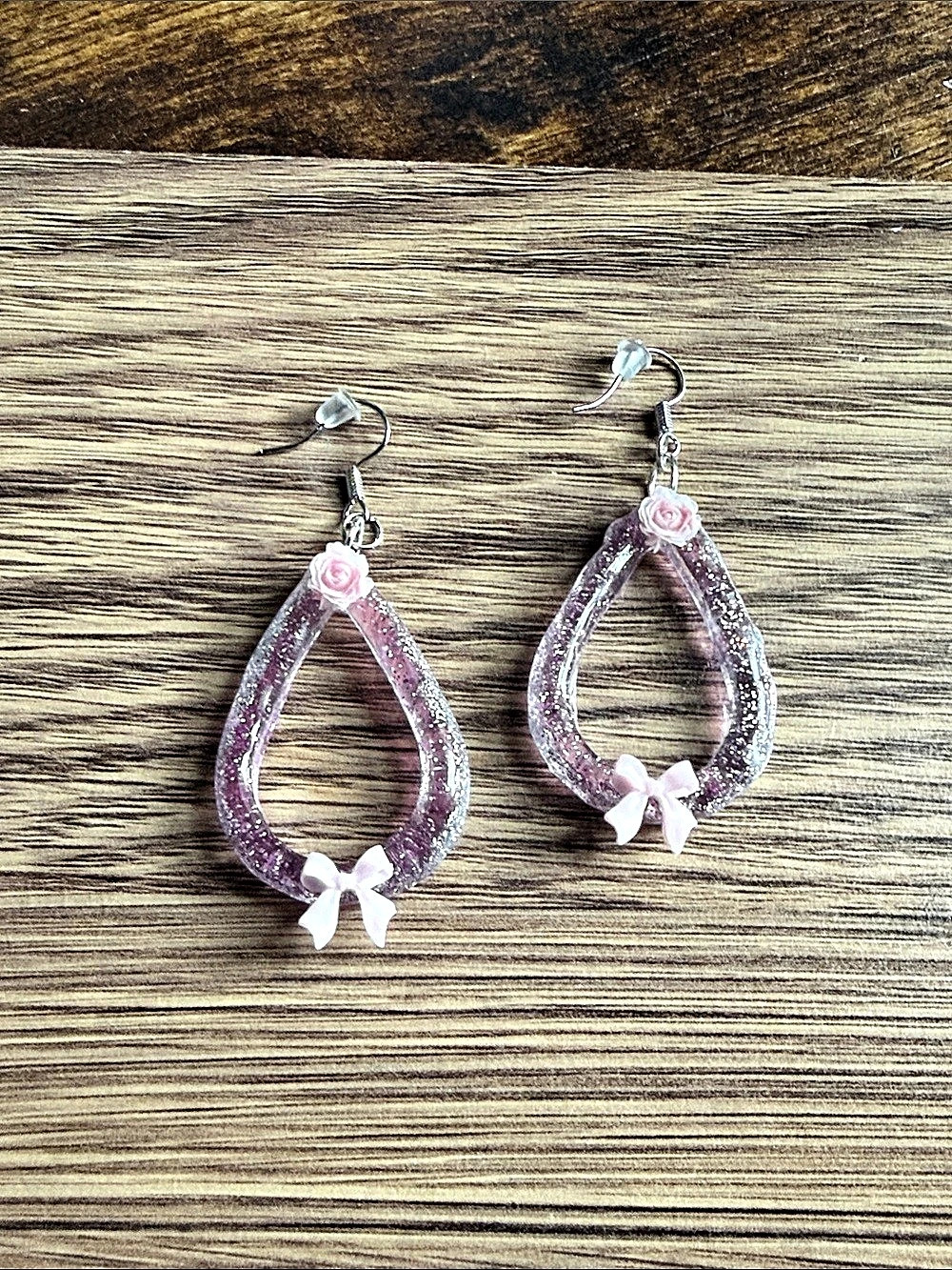 Resin Pink & silver Teardrop Bow with flower Earrings